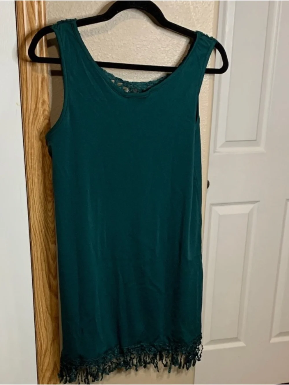 BOHO Crochet Hem Sleeveless Tank Dress Hunter Green - Picture 5 of 7